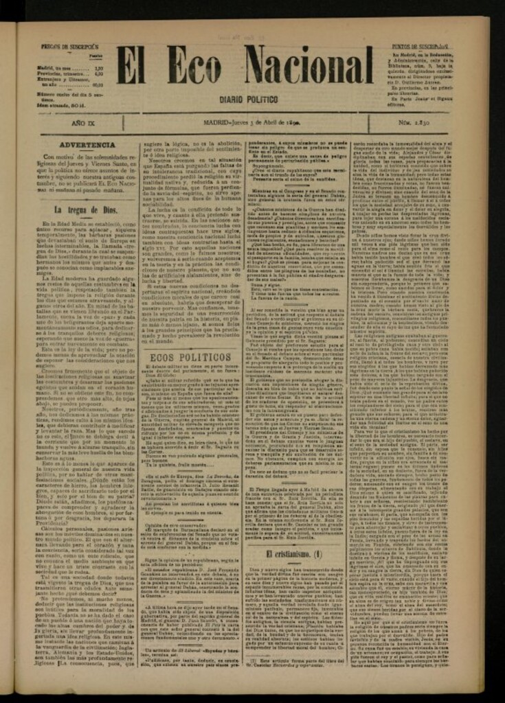 Miniatura de El Eco Nacional de 3 de abril de 1890, nº 2830