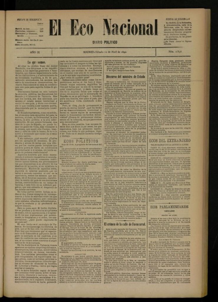 Miniatura de El Eco Nacional de 12 de abril de 1890, nº 2836