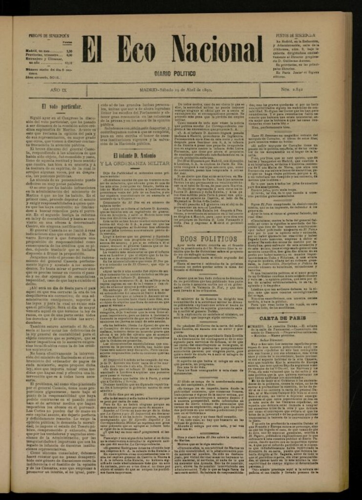 Miniatura de El Eco Nacional de 19 de abril de 1890, nº 2842