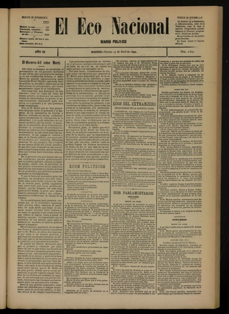 Miniatura de El Eco Nacional de 25 de abril de 1890, nº 2847