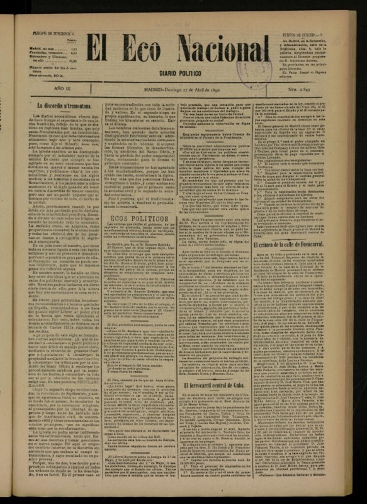 Miniatura de El Eco Nacional de 27 de abril de 1890, nº 2849
