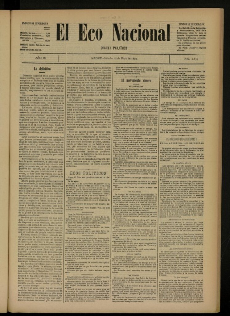 Miniatura de El Eco Nacional de 10 de mayo de 1890, nº 2859