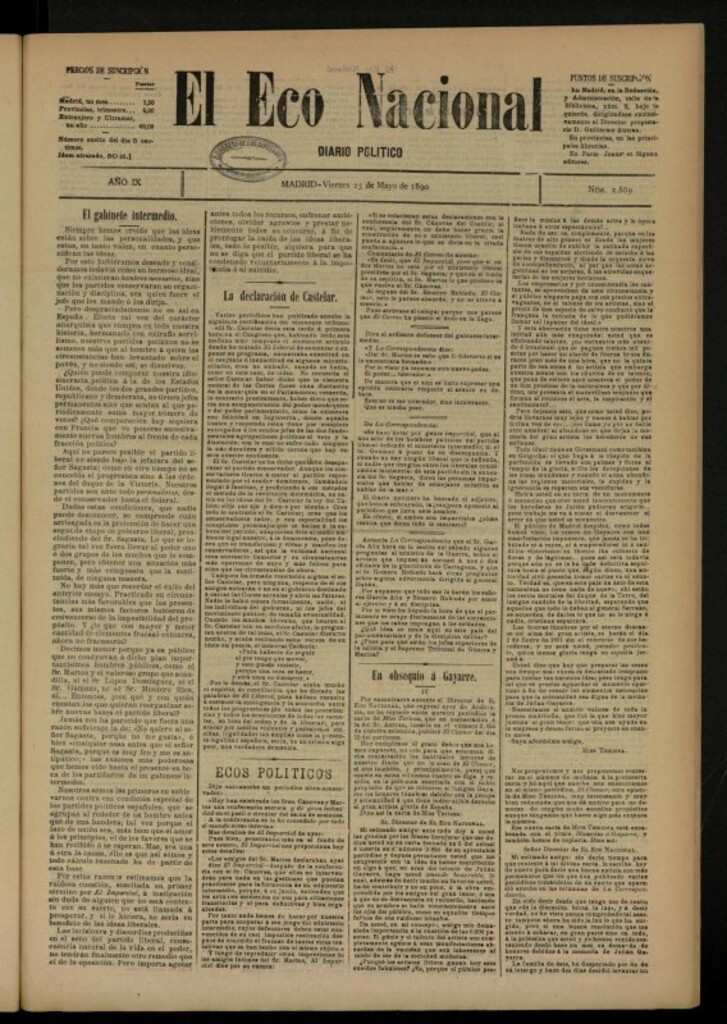 Miniatura de El Eco Nacional de 23 de mayo de 1890, nº 2869