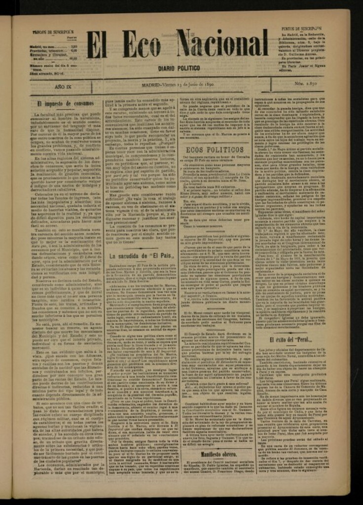 Miniatura de El Eco Nacional de 13 de junio de 1890, nº 2850 [sic]