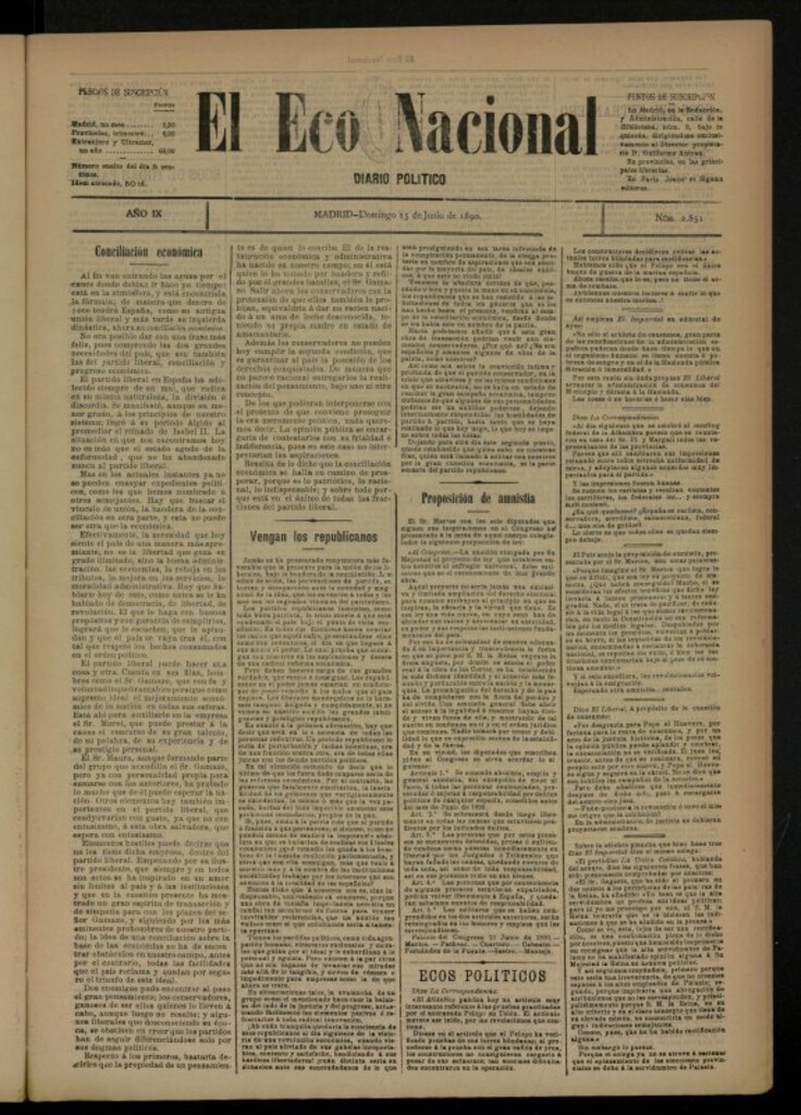 Miniatura de El Eco Nacional de 15 de junio de 1890, nº 2851 [sic]