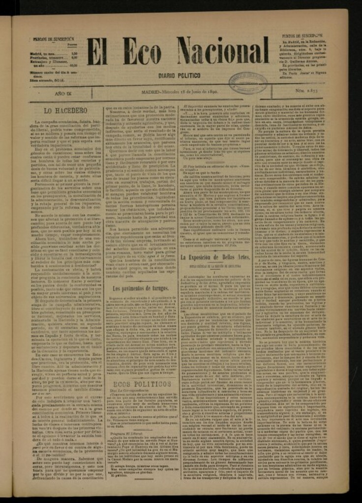 Miniatura de El Eco Nacional de 18 de junio de 1890, nº 2853 [sic]