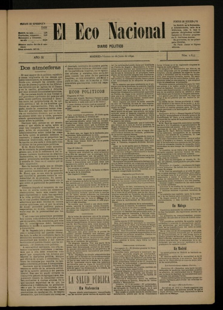 Miniatura de El Eco Nacional de 20 de junio de 1890, nº 2855 [sic]