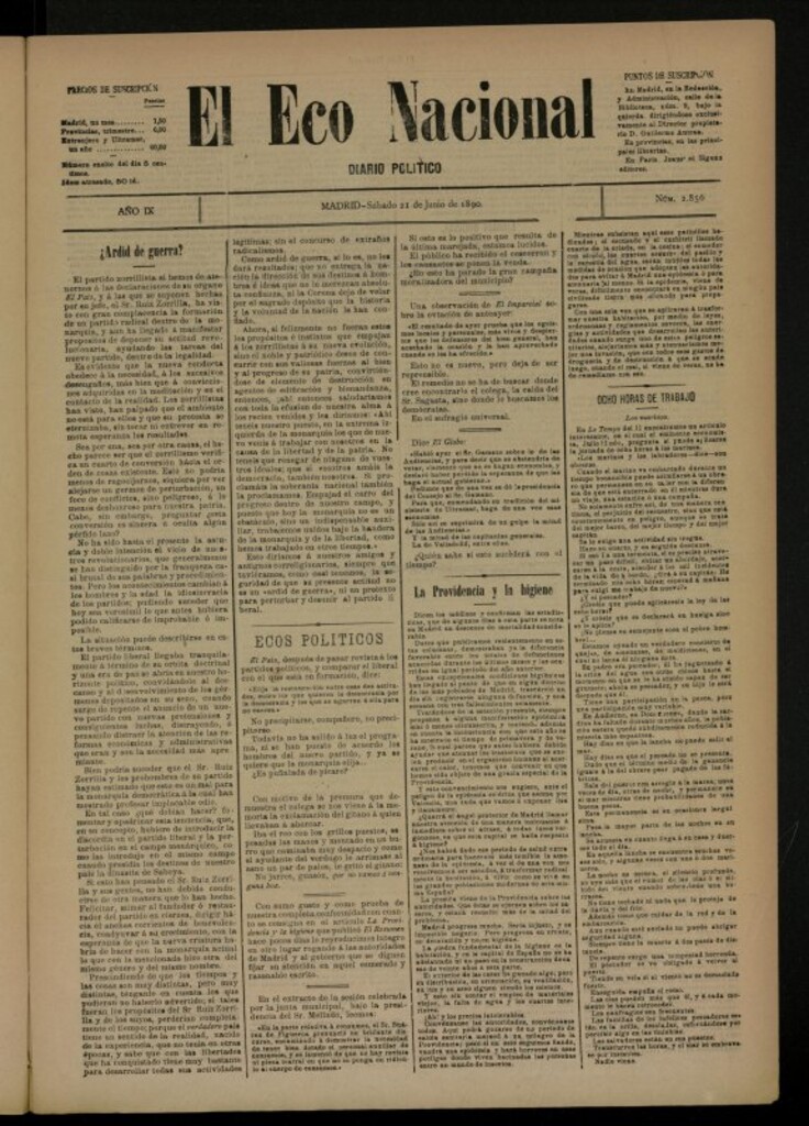Miniatura de El Eco Nacional de 21 de junio de 1890, nº 2856 [sic]