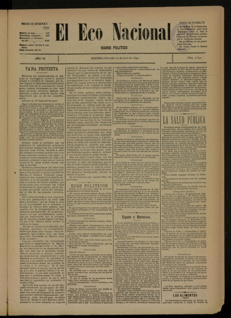 Miniatura de El Eco Nacional de 25 de junio de 1890, nº 2859 [sic]