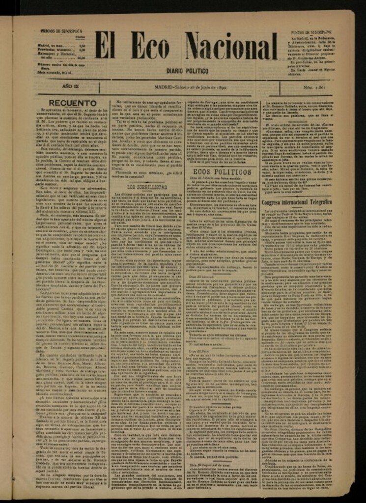 Miniatura de El Eco Nacional de 28 de junio de 1890, nº 2861 [sic]
