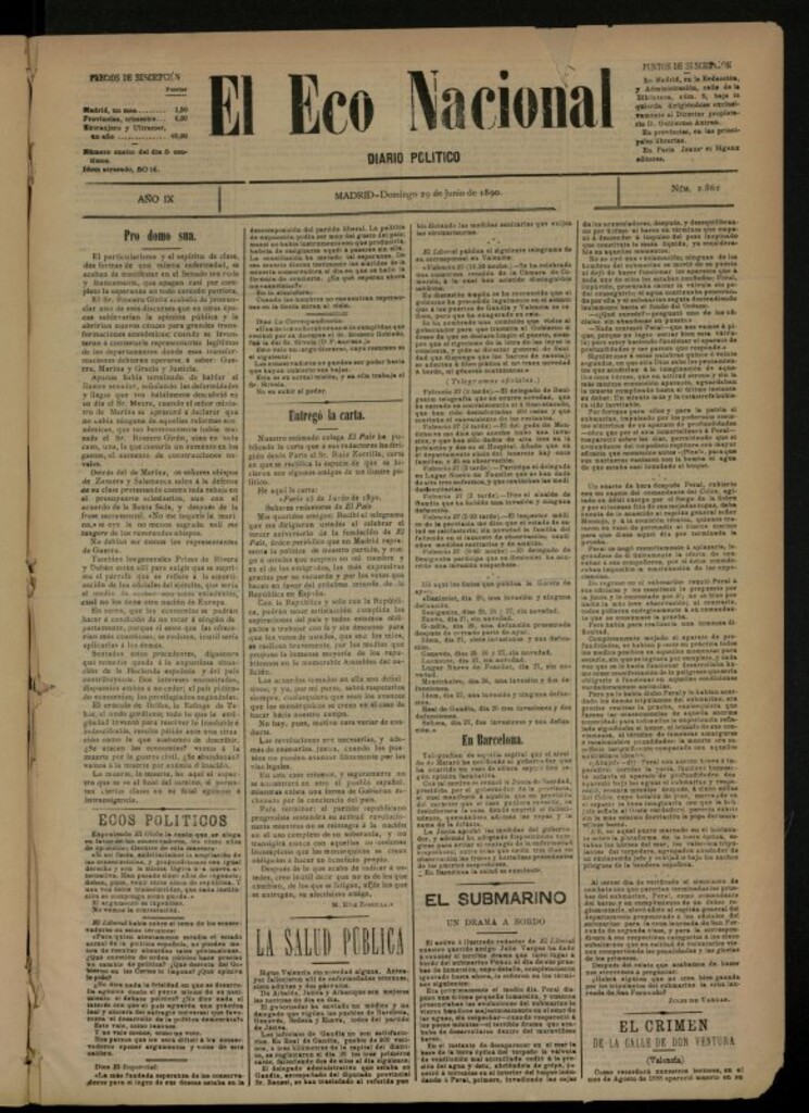 Miniatura de El Eco Nacional de 29 de junio de 1890, nº 2862 [sic]
