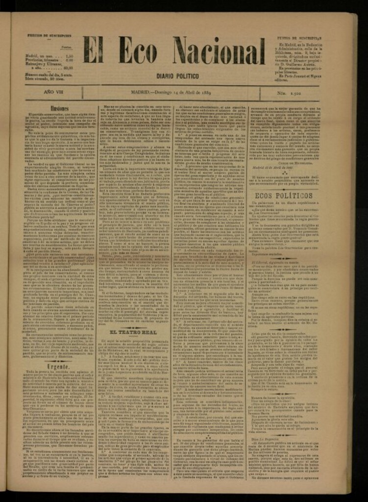 Miniatura de El Eco Nacional de 14 de abril de 1889, nº 2502