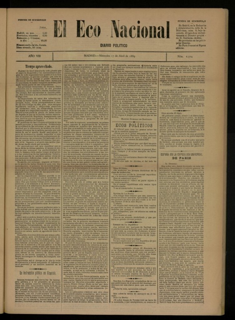 Miniatura de El Eco Nacional de 17 de abril de 1889, nº 2504