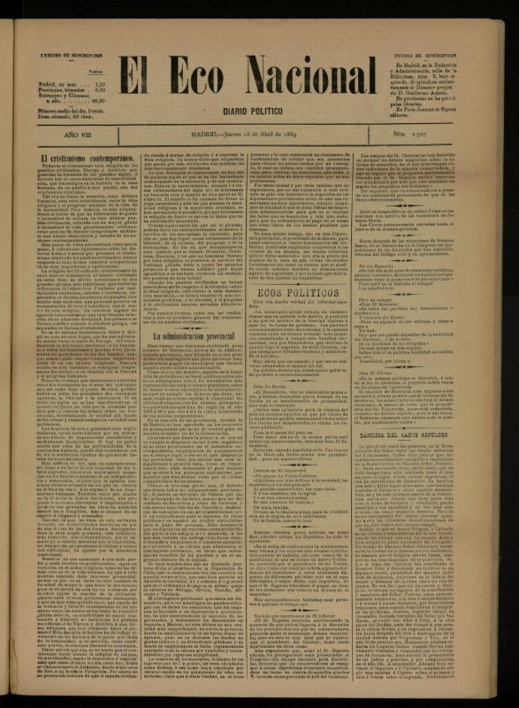 Miniatura de El Eco Nacional de 18 de abril de 1889, nº 2505