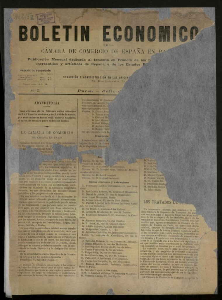 Miniatura de Boletín Económico de la Cámara de Comercio de España en París de julio de 1887, nº 1