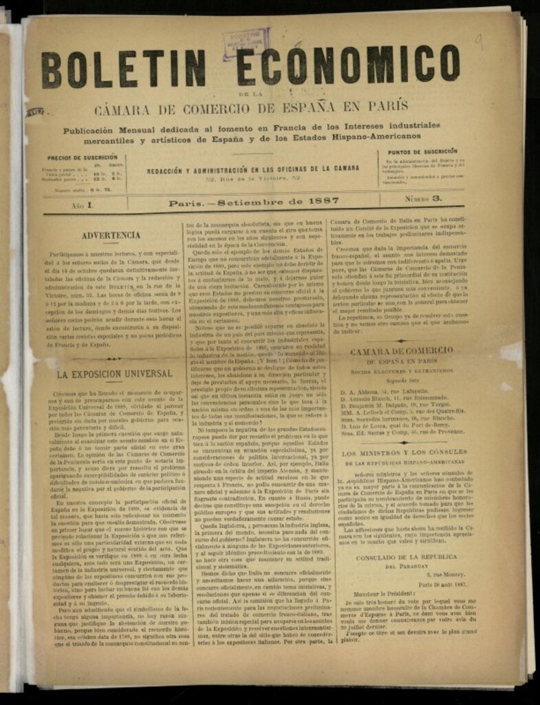 Miniatura de Boletín Económico de la Cámara de Comercio de España en París de septiembre de 1887, nº 3