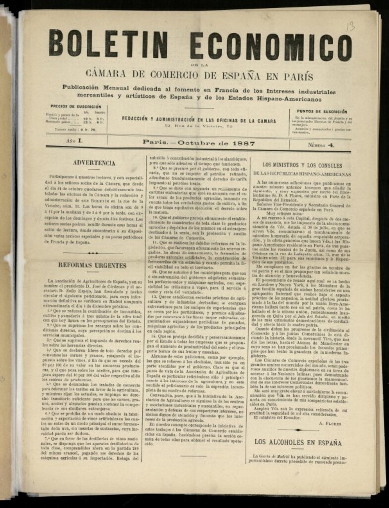 Miniatura de Boletín Económico de la Cámara de Comercio de España en París de octubre de 1887, nº 4