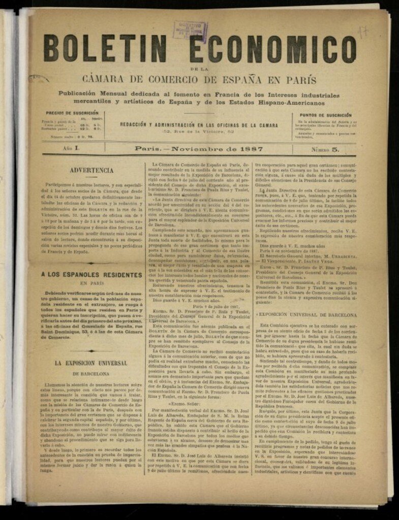 Miniatura de Boletín Económico de la Cámara de Comercio de España en París de noviembre de 1887, nº 5