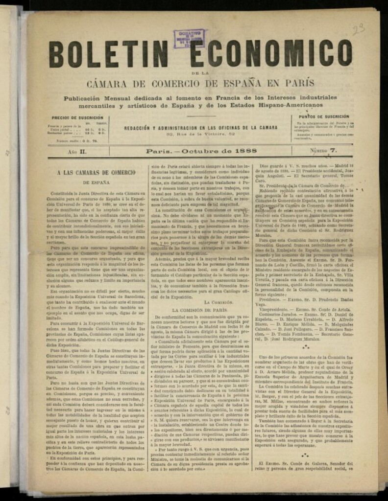 Miniatura de Boletín Económico de la Cámara de Comercio de España en París de octubre de 1888, nº 7