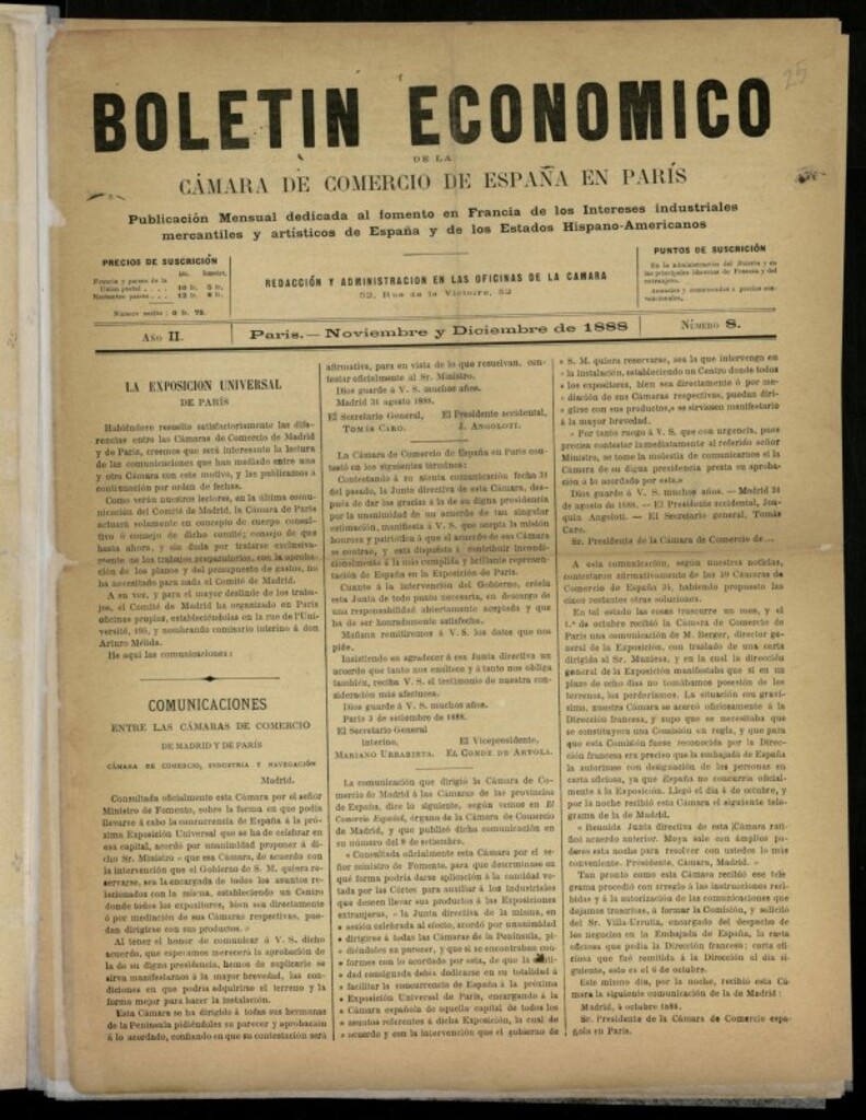 Miniatura de Boletín Económico de la Cámara de Comercio de España en París de noviembre y diciembre de 1888, nº 8