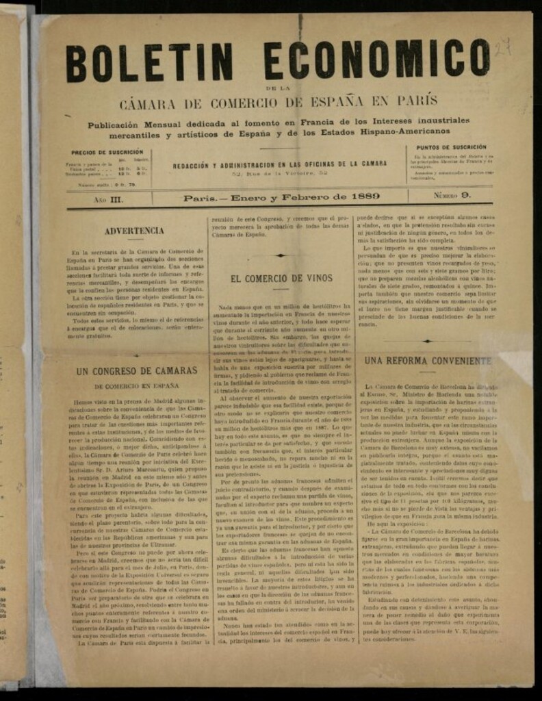 Miniatura de Boletín Económico de la Cámara de Comercio de España en París de enero y febrero de 1889, nº 9