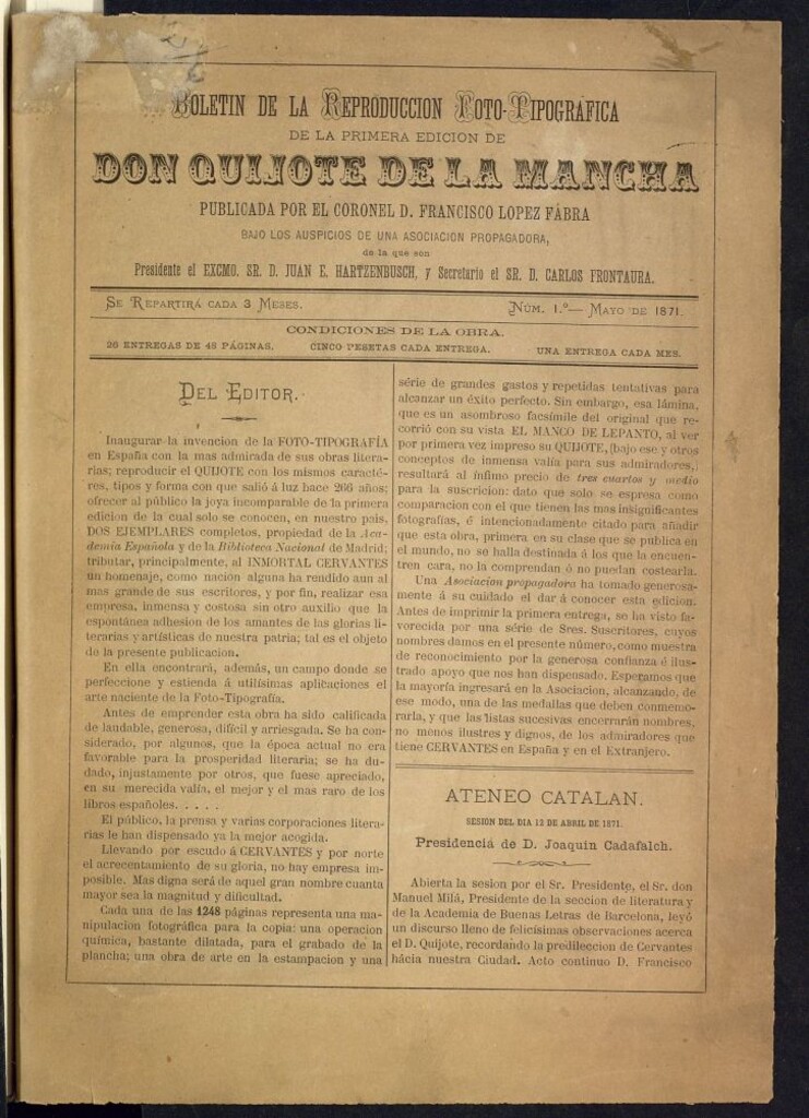 Miniatura de Boletín de la Reproducción Foto-Tipográfica de la Primera Edición de Don Quijote de la Mancha de mayo de 1871. Nº 1