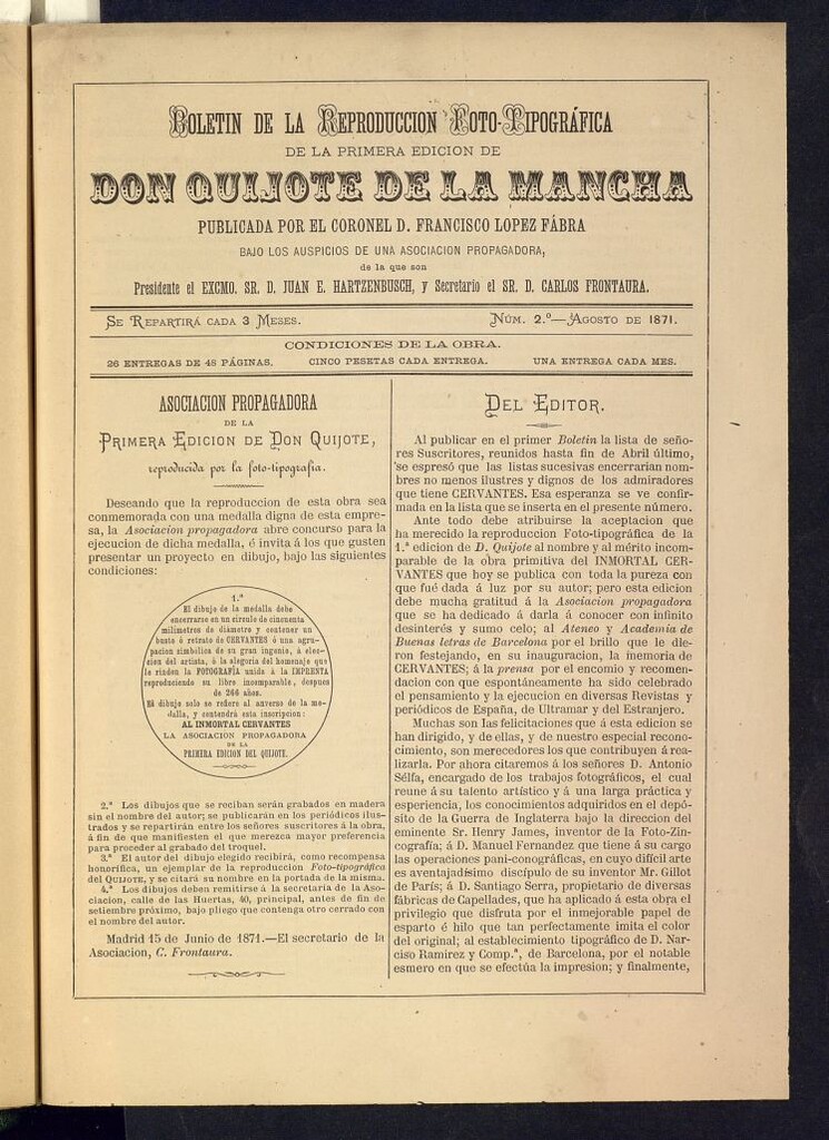 Miniatura de Boletín de la Reproducción Foto-Tipográfica de la Primera Edición de Don Quijote de la Mancha de agosto de 1871. Nº 2
