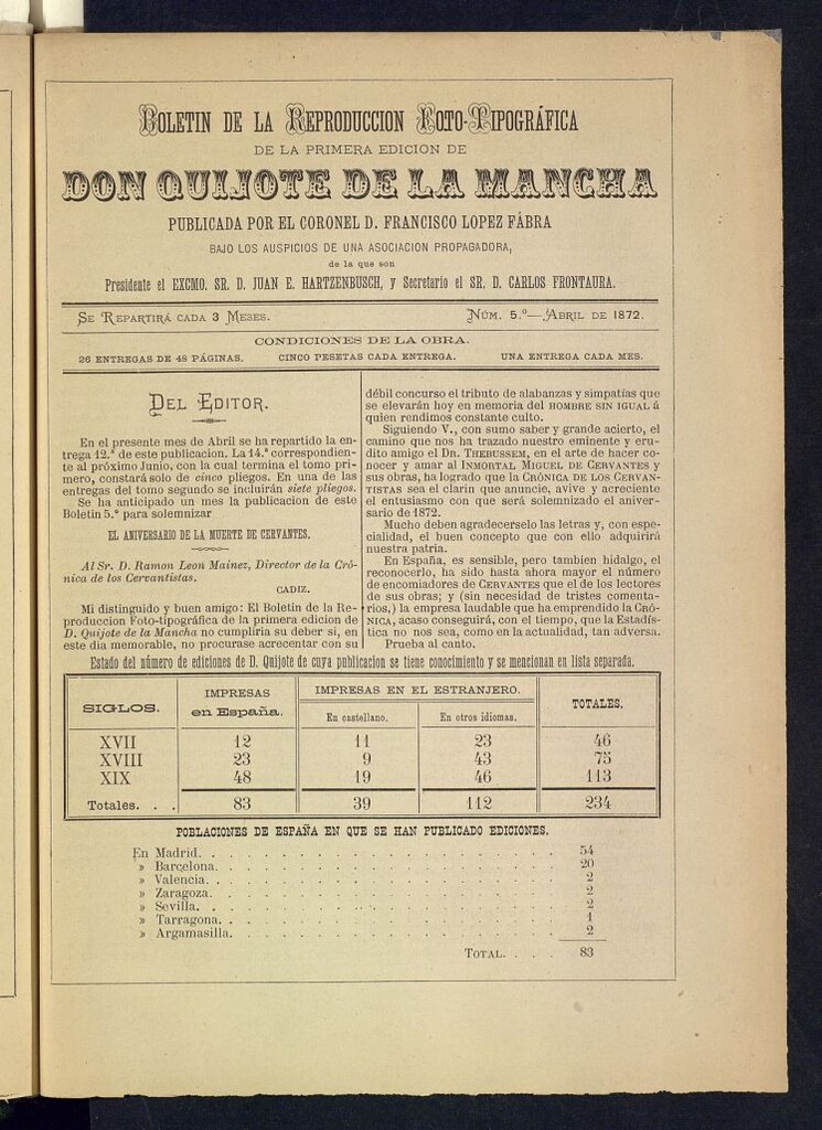 Miniatura de Boletín de la Reproducción Foto-Tipográfica de la Primera Edición de Don Quijote de la Mancha de abril de 1872. Nº 5