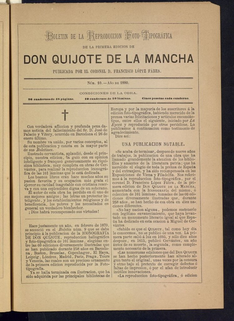 Miniatura de Boletín de la Reproducción Foto-Tipográfica de la Primera Edición de Don Quijote de la Mancha de 1880. Nº 10