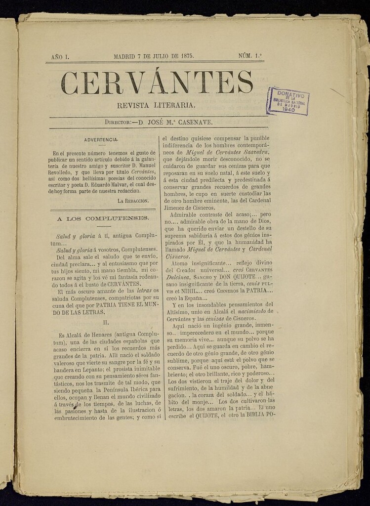 Miniatura de Cervantes : revista literaria de 7 de julio de 1875, nº 1