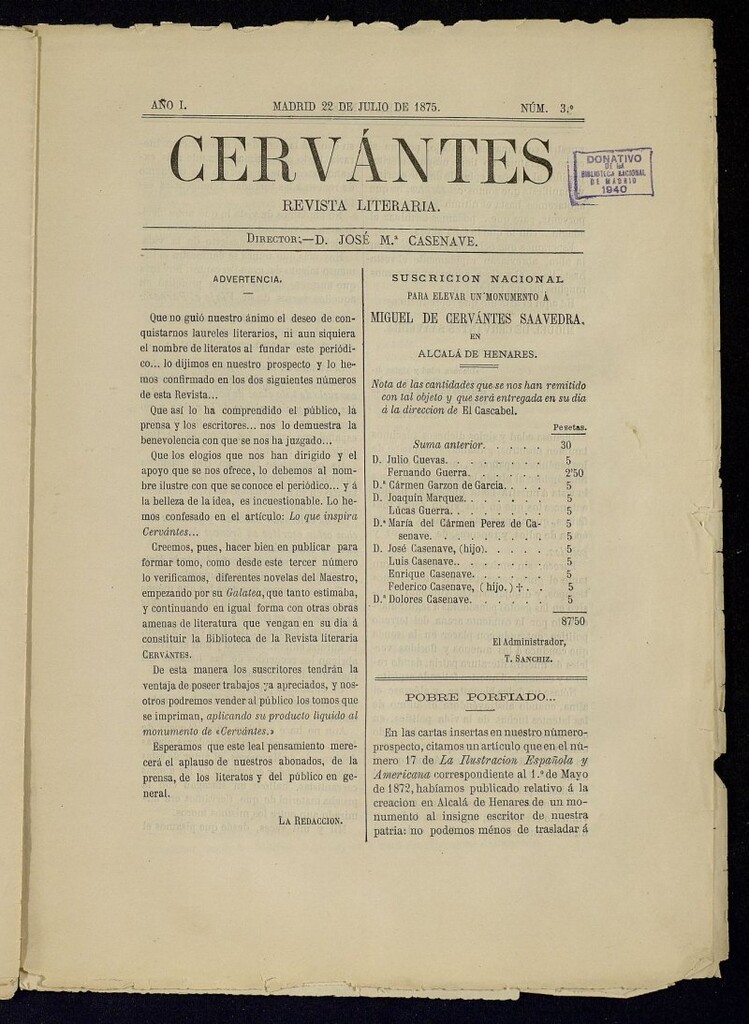 Miniatura de Cervantes : revista literaria de 22 de julio de 1875, nº 3