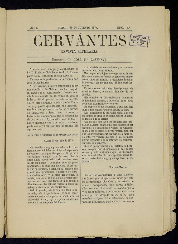 Miniatura de Cervantes : revista literaria de 30 de julio de 1875, nº 4