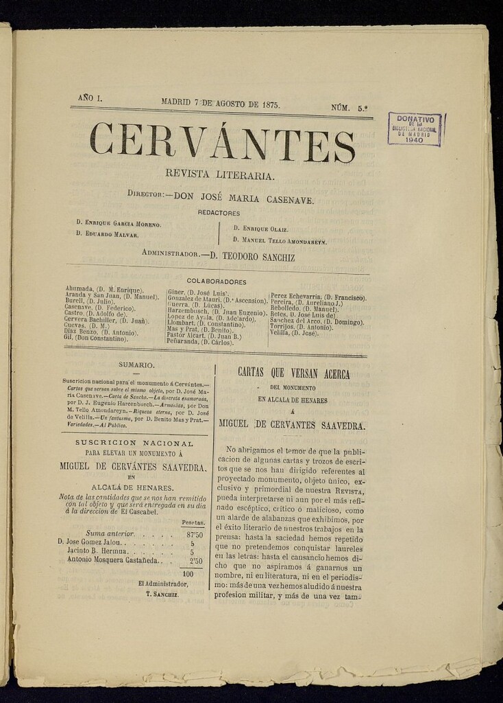 Miniatura de Cervantes : revista literaria de 7 de agosto de 1875, nº 5