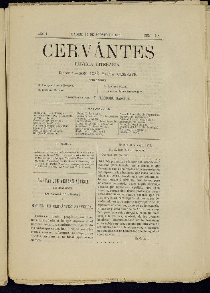 Miniatura de Cervantes : revista literaria de 15 de agosto de 1875, nº 6