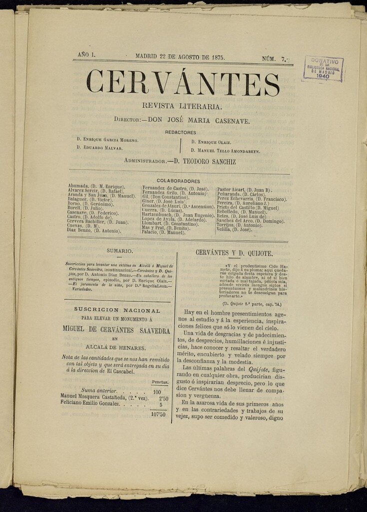 Miniatura de Cervantes : revista literaria de 22 de agosto de 1875, nº 7