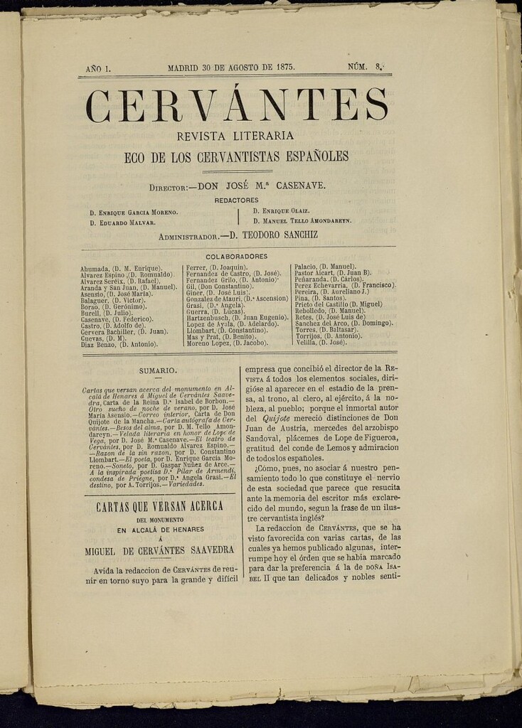 Miniatura de Cervantes : revista literaria de 30 de agosto de 1875, nº 8