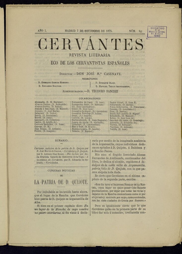 Miniatura de Cervantes : revista literaria de 7 de septiembre de 1875, nº 9