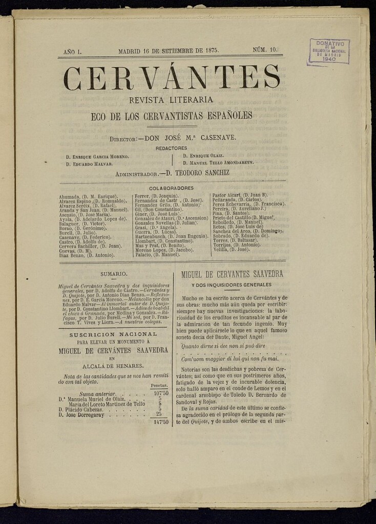 Miniatura de Cervantes : revista literaria de 16 de septiembre de 1875, nº 10