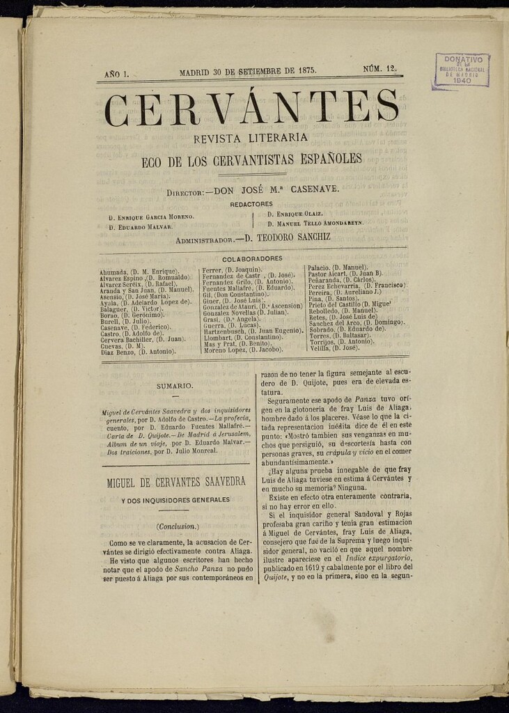 Miniatura de Cervantes : revista literaria de 30 de septiembre de 1875, nº 12