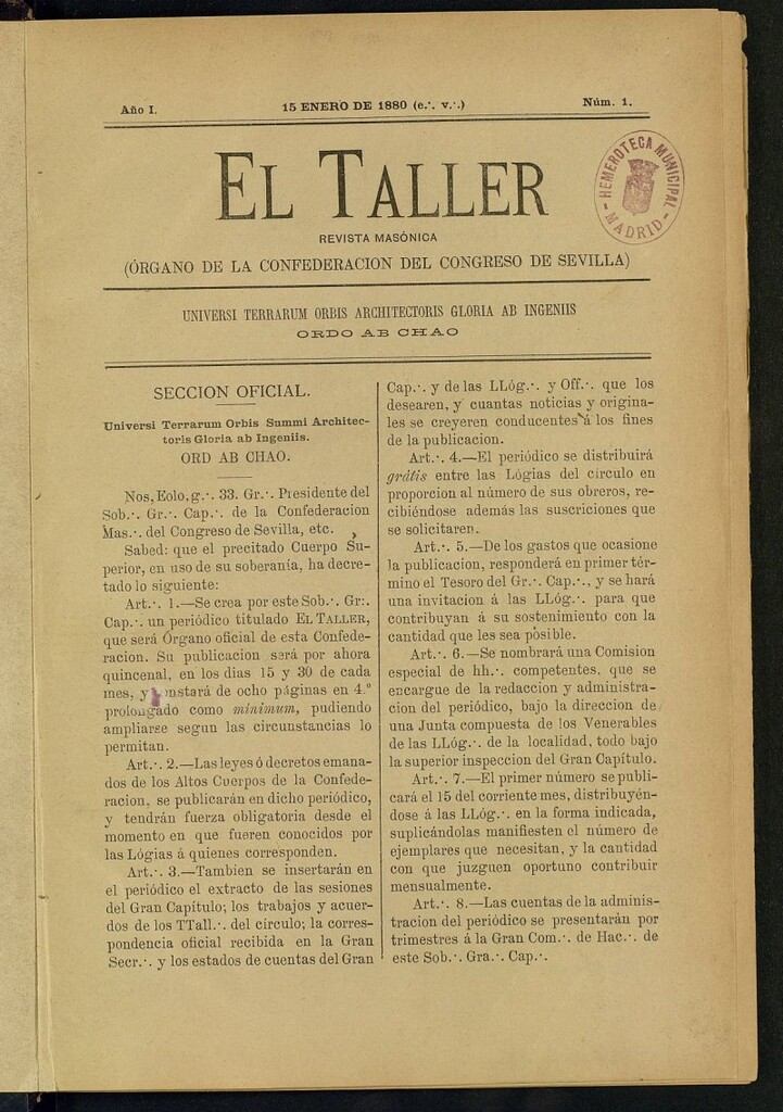 Miniatura de EL Taller, de 15 de enero de 1880, nº 1