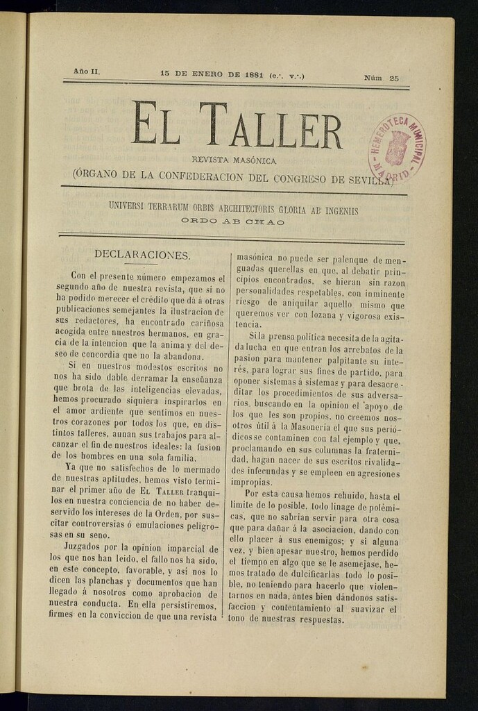 Miniatura de EL Taller, de 15 de enero de 1881, nº 25