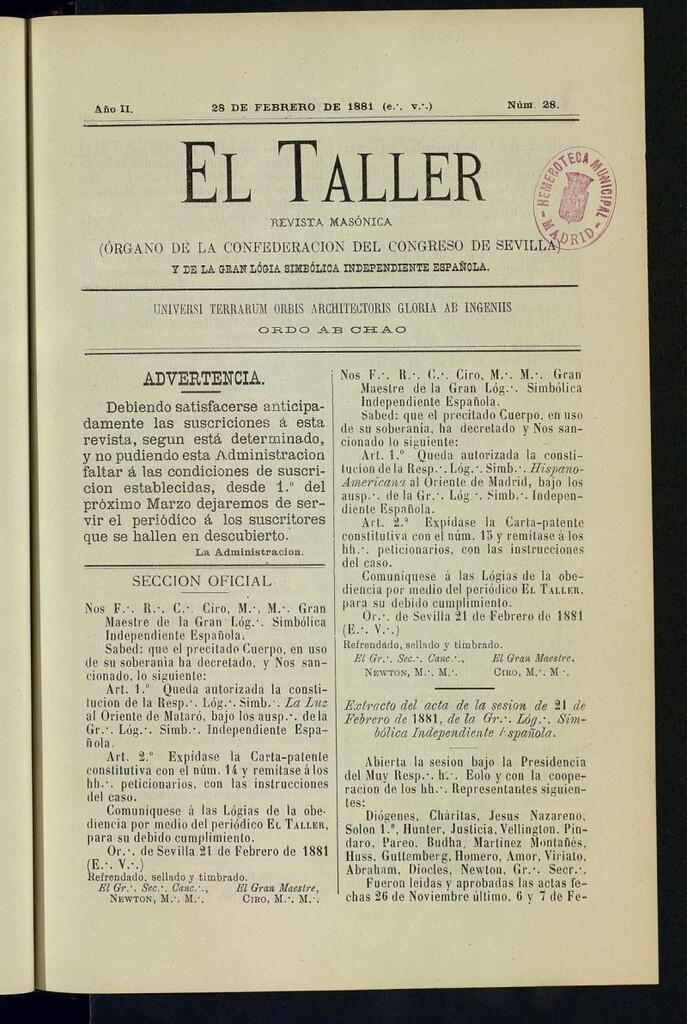 Miniatura de EL Taller, de 28 de febrero de 1881, nº 28