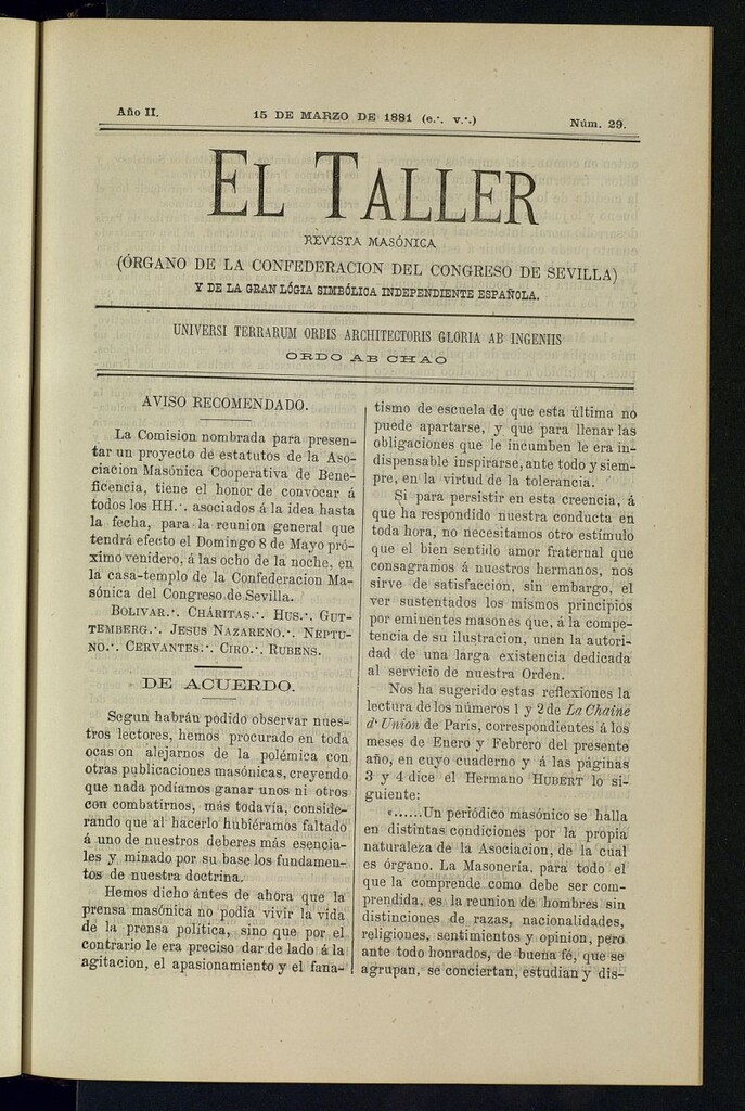 Miniatura de EL Taller, de 15 de marzo de 1881, nº 29