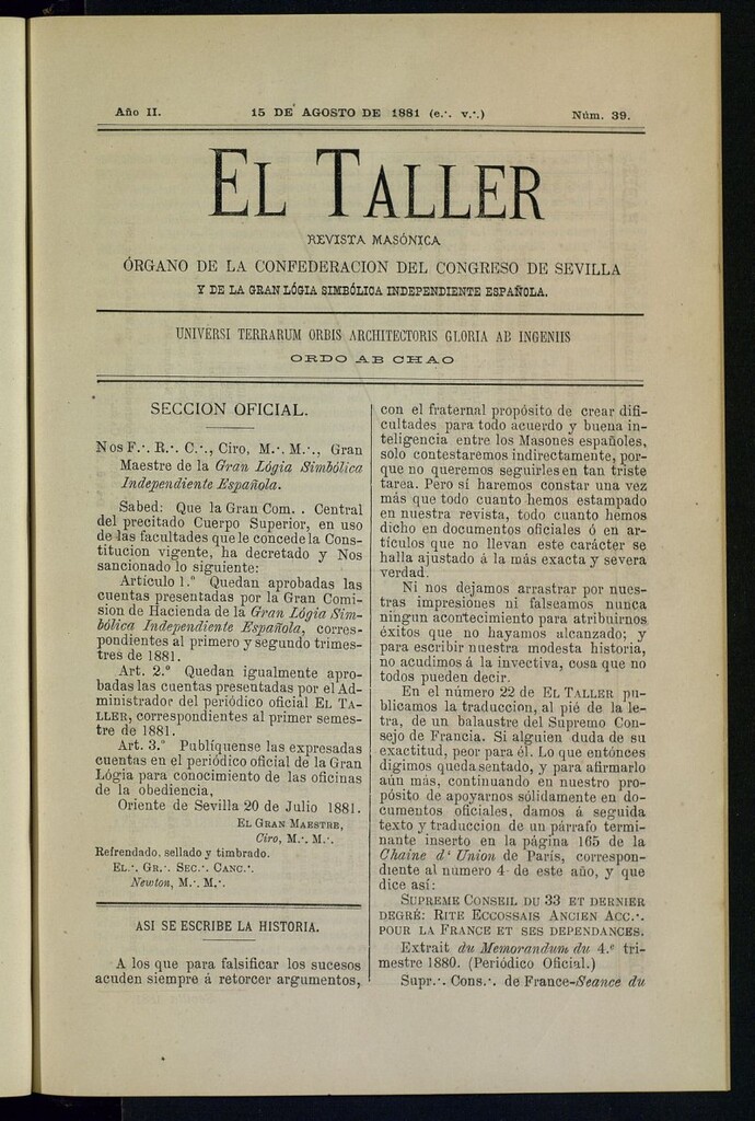 Miniatura de EL Taller, de 15 de agosto de 1881, nº 39