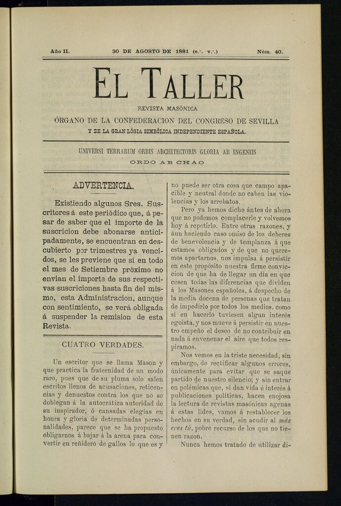Miniatura de EL Taller, de 30 de agosto de 1881, nº 40