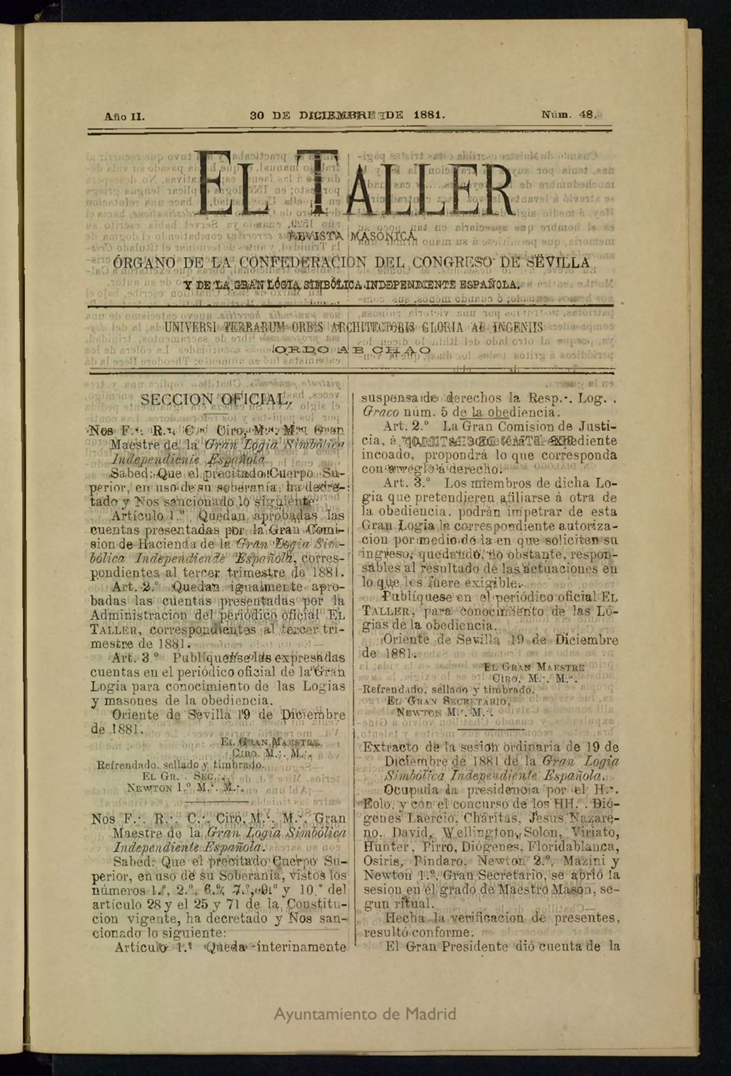 Miniatura de EL Taller, de 30 de diciembre de 1881, nº 48