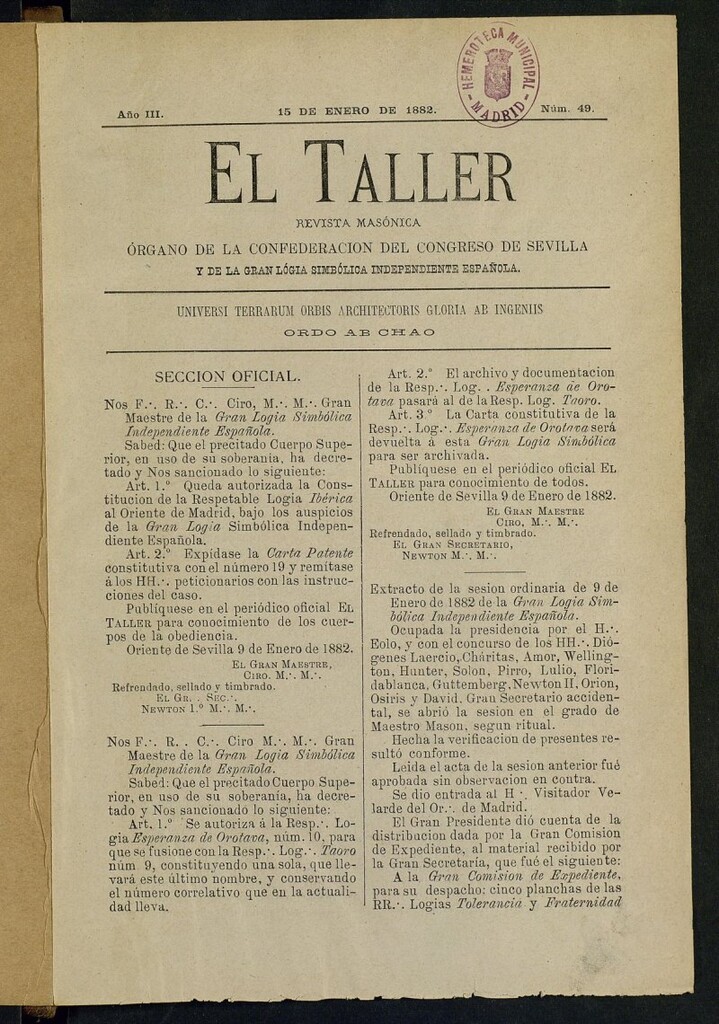 Miniatura de El Taller, de 15 de enero de 1882, nº 49