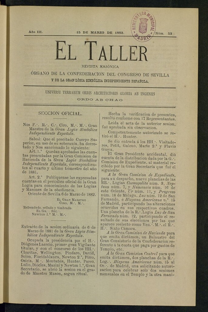 Miniatura de El Taller, de 15 de marzo de 1882, nº 53