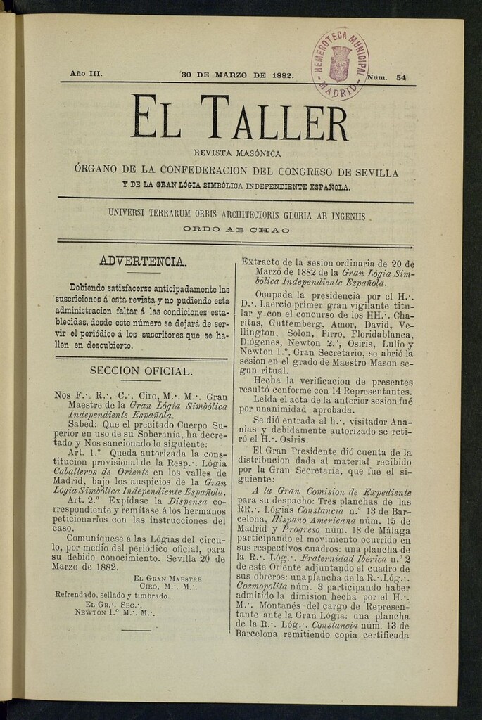 Miniatura de El Taller, de 30 de marzo de 1882, nº 54