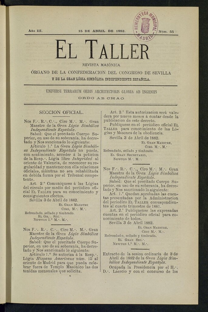 Miniatura de El Taller, de 15 de abril de 1882, nº 55